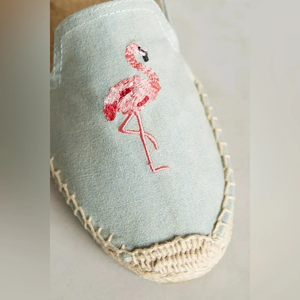 Anthropologie Soludos picnic espadrilles flamingo embroidery blue pink‎ size 7